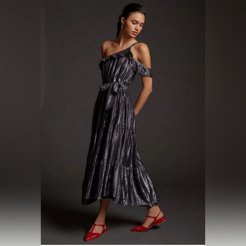 One-Shoulder Black Metallic Tiered Maxi Dress